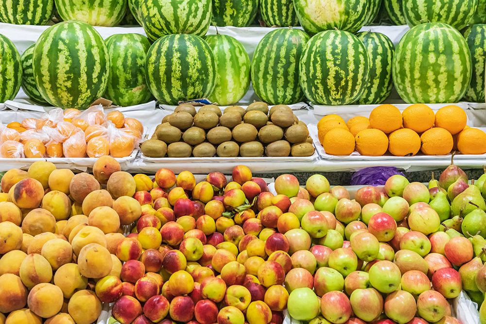 Dushanbe-Tajikistan Fresh fruit for sale at the Mehrgon Market in Dushanbe